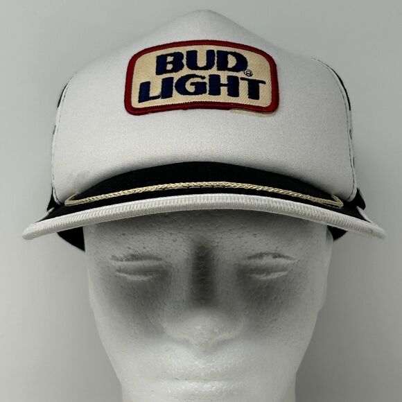 Vintage Bud Light 3 Stripe Trucker Hat Baseball Cap Beer 80s Mesh Snapback White - Picture 2 of 12